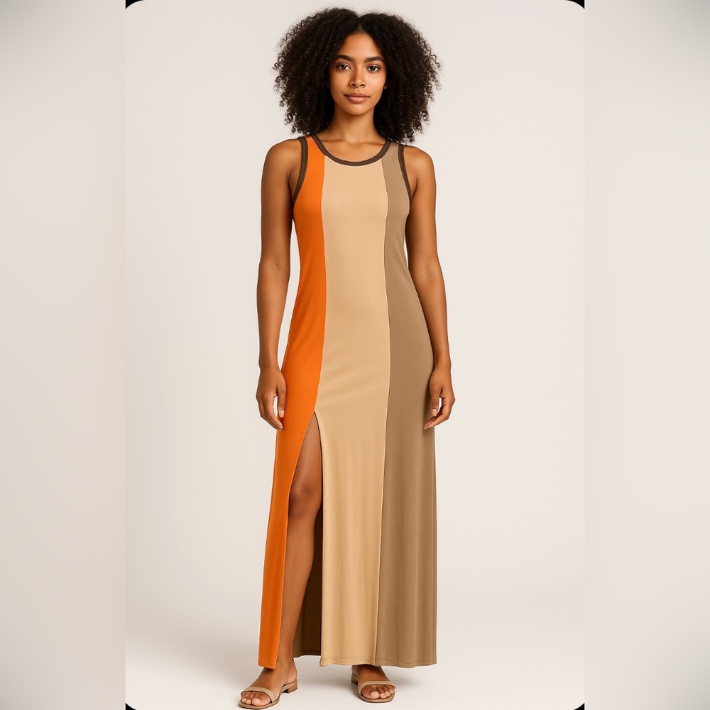 SHEIN Colorblock Maxi Dress - Orange and Tan